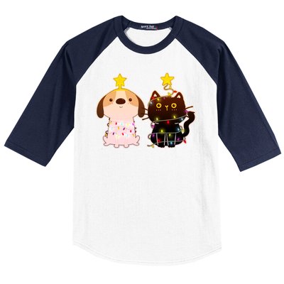 Cute Puppy and Kitten Christmas Lights Baseball Sleeve Shirt