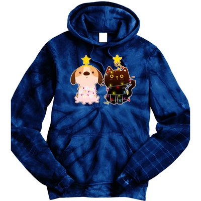 Cute Puppy and Kitten Christmas Lights Tie Dye Hoodie