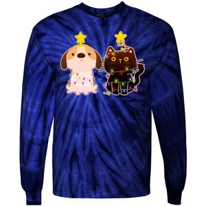 Cute Puppy and Kitten Christmas Lights Tie-Dye Long Sleeve Shirt