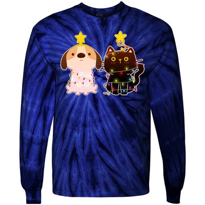 Cute Puppy and Kitten Christmas Lights Tie-Dye Long Sleeve Shirt