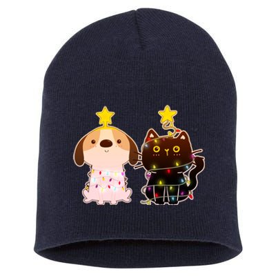 Cute Puppy and Kitten Christmas Lights Short Acrylic Beanie