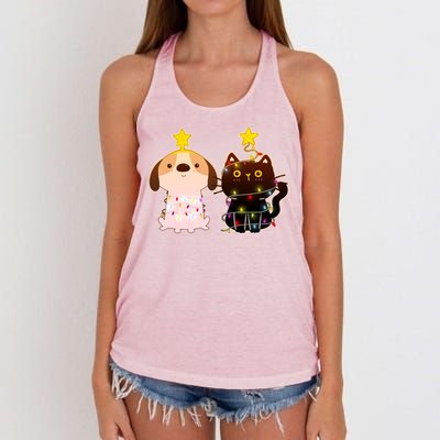 Cute Puppy and Kitten Christmas Lights Women's Knotted Racerback Tank