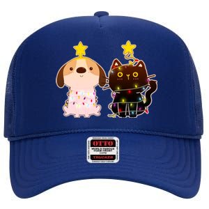 Cute Puppy and Kitten Christmas Lights High Crown Mesh Back Trucker Hat