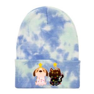 Cute Puppy and Kitten Christmas Lights Tie Dye 12in Knit Beanie