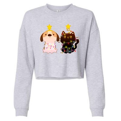 Cute Puppy and Kitten Christmas Lights Cropped Pullover Crew