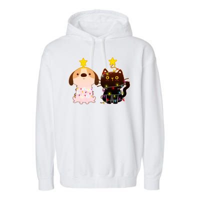 Cute Puppy and Kitten Christmas Lights Garment-Dyed Fleece Hoodie