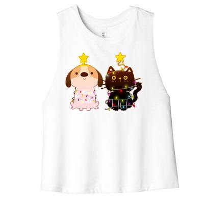 Cute Puppy and Kitten Christmas Lights Women's Racerback Cropped Tank