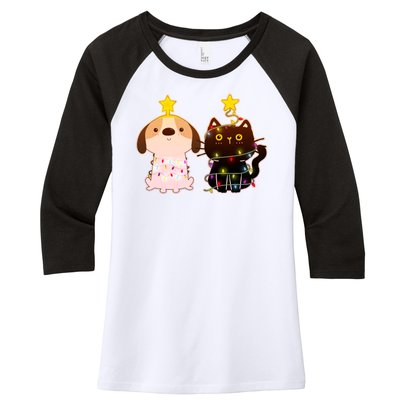 Cute Puppy and Kitten Christmas Lights Women's Tri-Blend 3/4-Sleeve Raglan Shirt