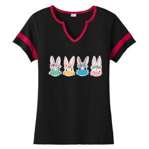 Cute Quarantined Easter Bunnies Wearing Mask Ladies Halftime Notch Neck Tee