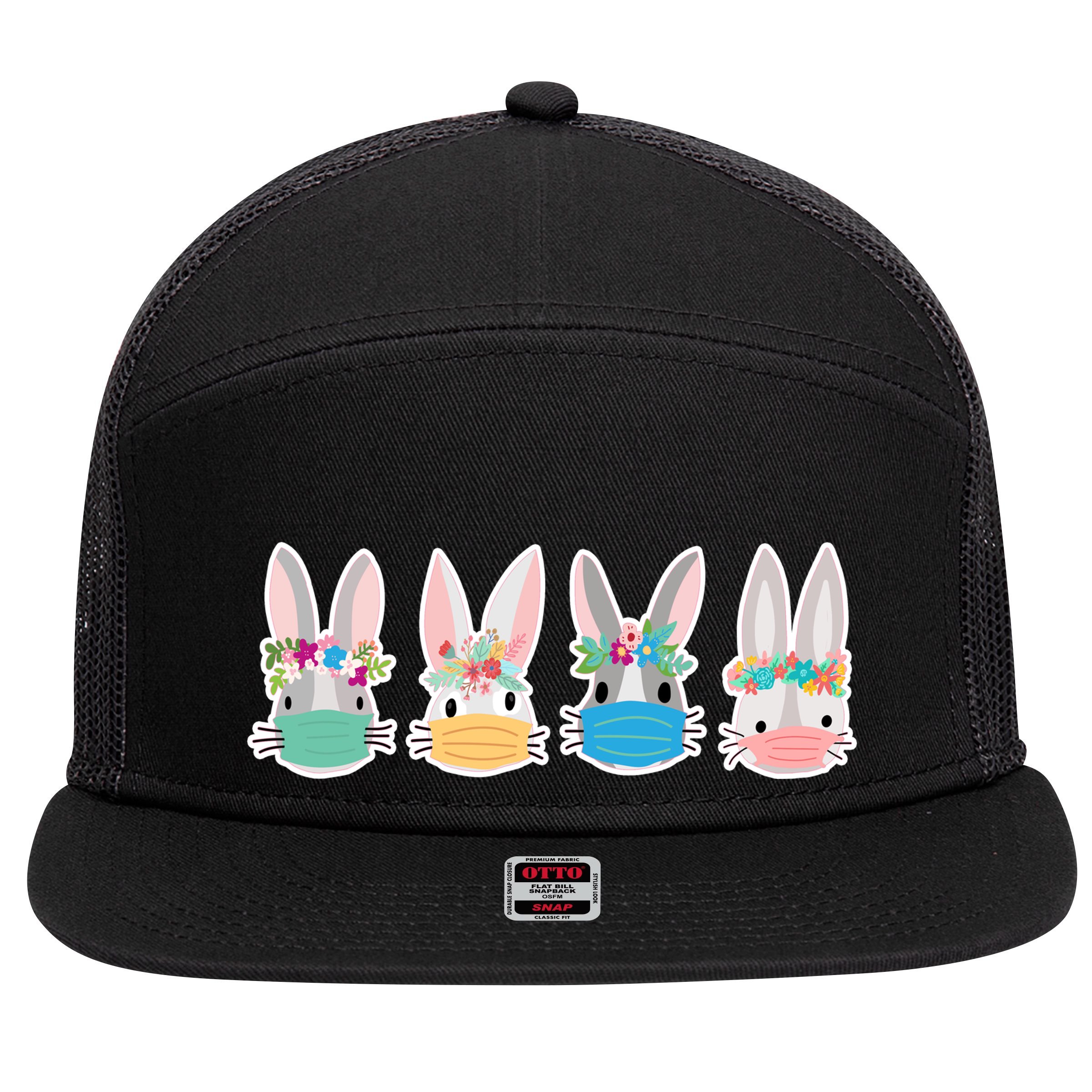 Cute Quarantined Easter Bunnies Wearing Mask 7 Panel Mesh Trucker Snapback Hat