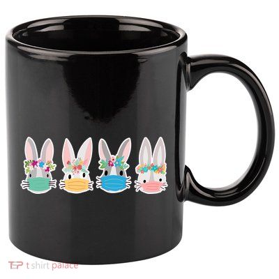 Cute Quarantined Easter Bunnies Wearing Mask 11oz C Handle Ceramic Mug