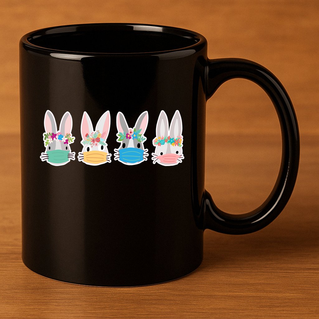 Cute Quarantined Easter Bunnies Wearing Mask 11oz C Handle Ceramic Mug
