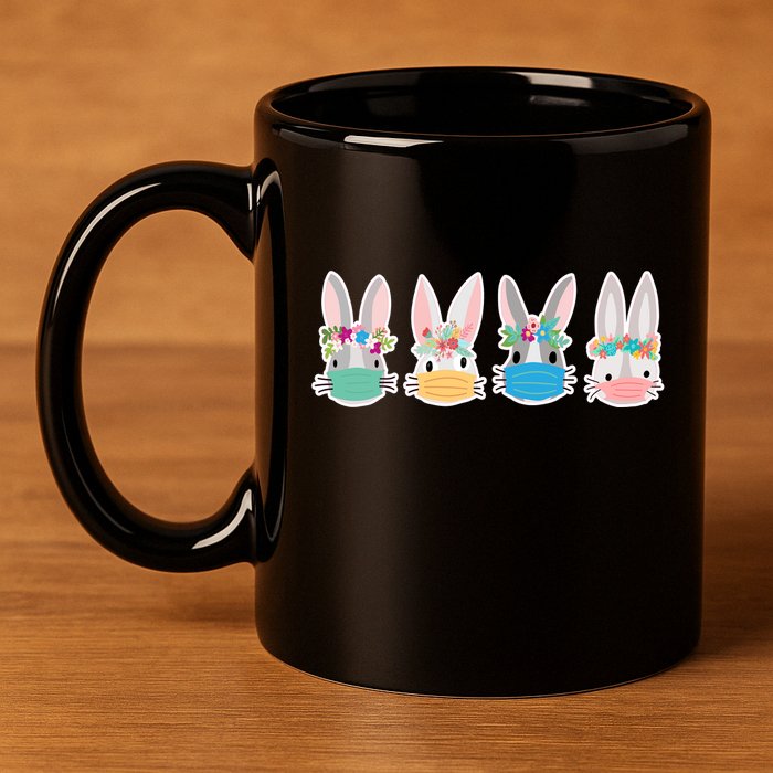 Cute Quarantined Easter Bunnies Wearing Mask 11oz C Handle Ceramic Mug