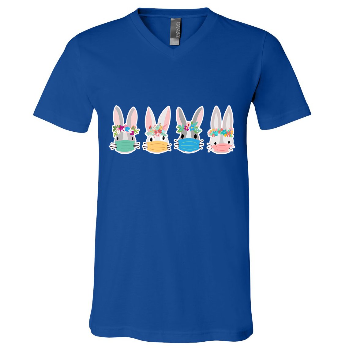 Cute Quarantined Easter Bunnies Wearing Mask V-Neck T-Shirt