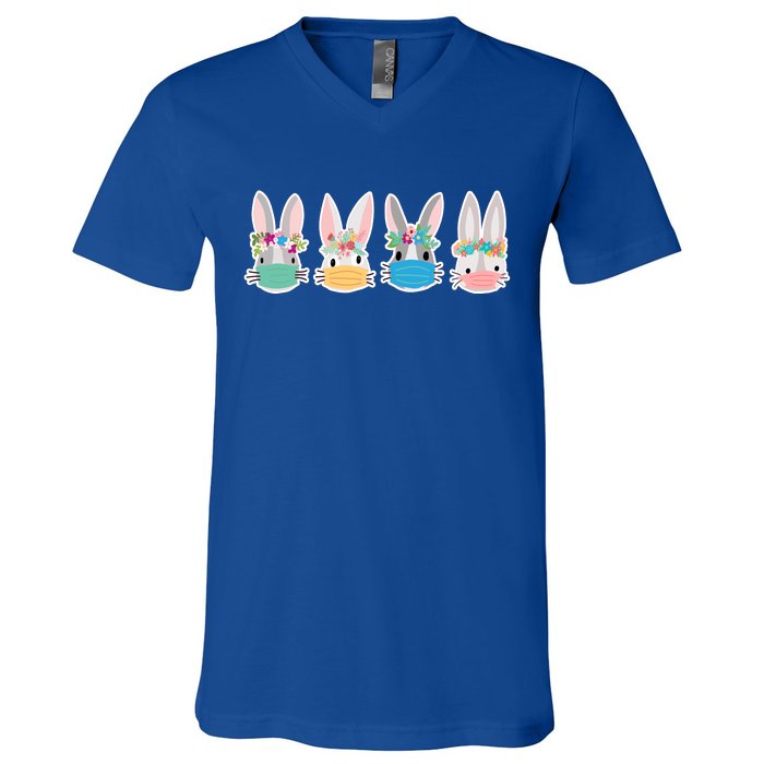 Cute Quarantined Easter Bunnies Wearing Mask V-Neck T-Shirt