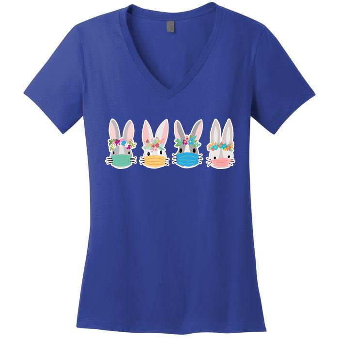 Cute Quarantined Easter Bunnies Wearing Mask Women's V-Neck T-Shirt