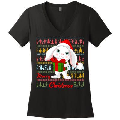 Cute Rabbit Ugly Christmas Sweater Women's V-Neck T-Shirt