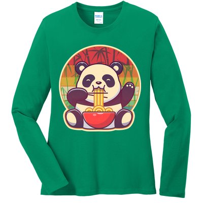 Cute Retro Ramen Noodle Panda Ladies Long Sleeve Shirt