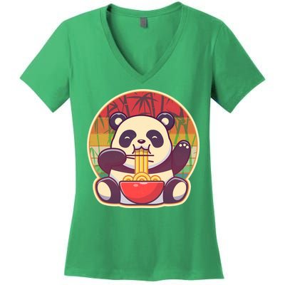 Cute Retro Ramen Noodle Panda Women's V-Neck T-Shirt