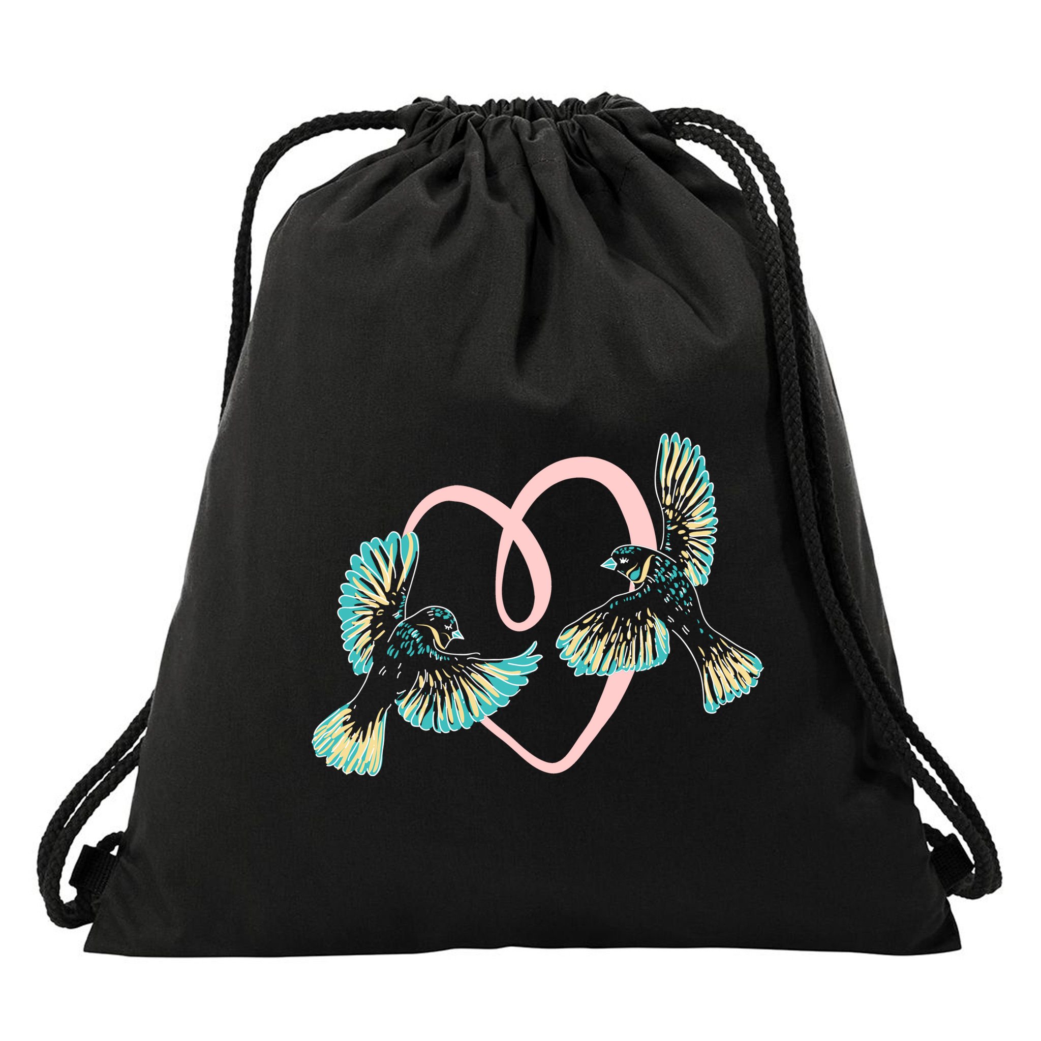 Cute Ribbon Heart Flying Birds Drawstring Bag