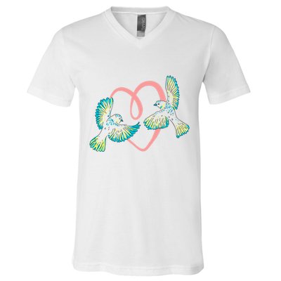 Cute Ribbon Heart Flying Birds V-Neck T-Shirt