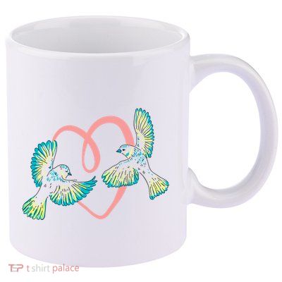 Cute Ribbon Heart Flying Birds 11oz C Handle Ceramic Mug
