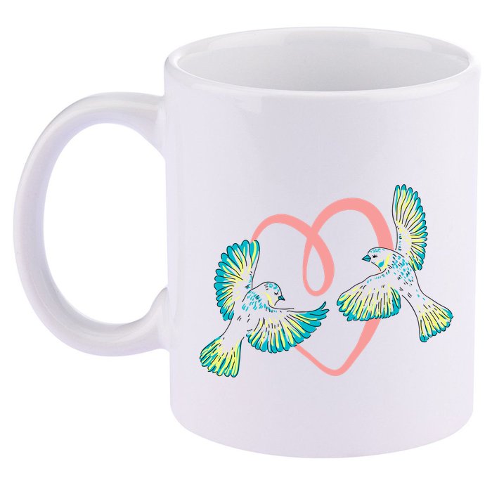 Cute Ribbon Heart Flying Birds 11oz C Handle Ceramic Mug