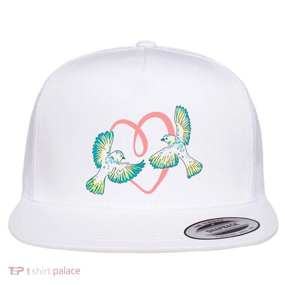 Cute Ribbon Heart Flying Birds Flatbill Hat