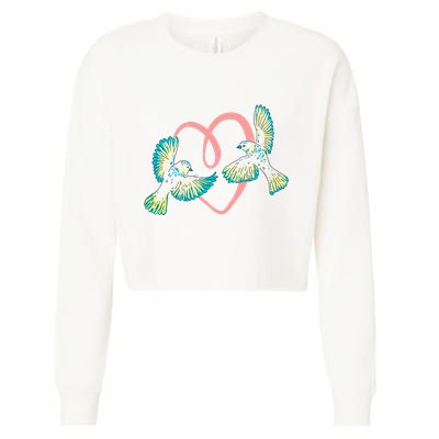 Cute Ribbon Heart Flying Birds Cropped Pullover Crew
