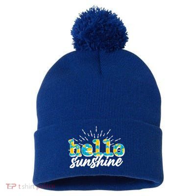 Cute Springy Summery Hello Sunshine Pom Pom 12in Knit Beanie