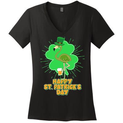 Cute St. Patrick's Day Flamingo With Beer Women's V-Neck T-Shirt