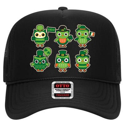 Cute St Patrick's Day Lucky Owls High Crown Mesh Back Trucker Hat