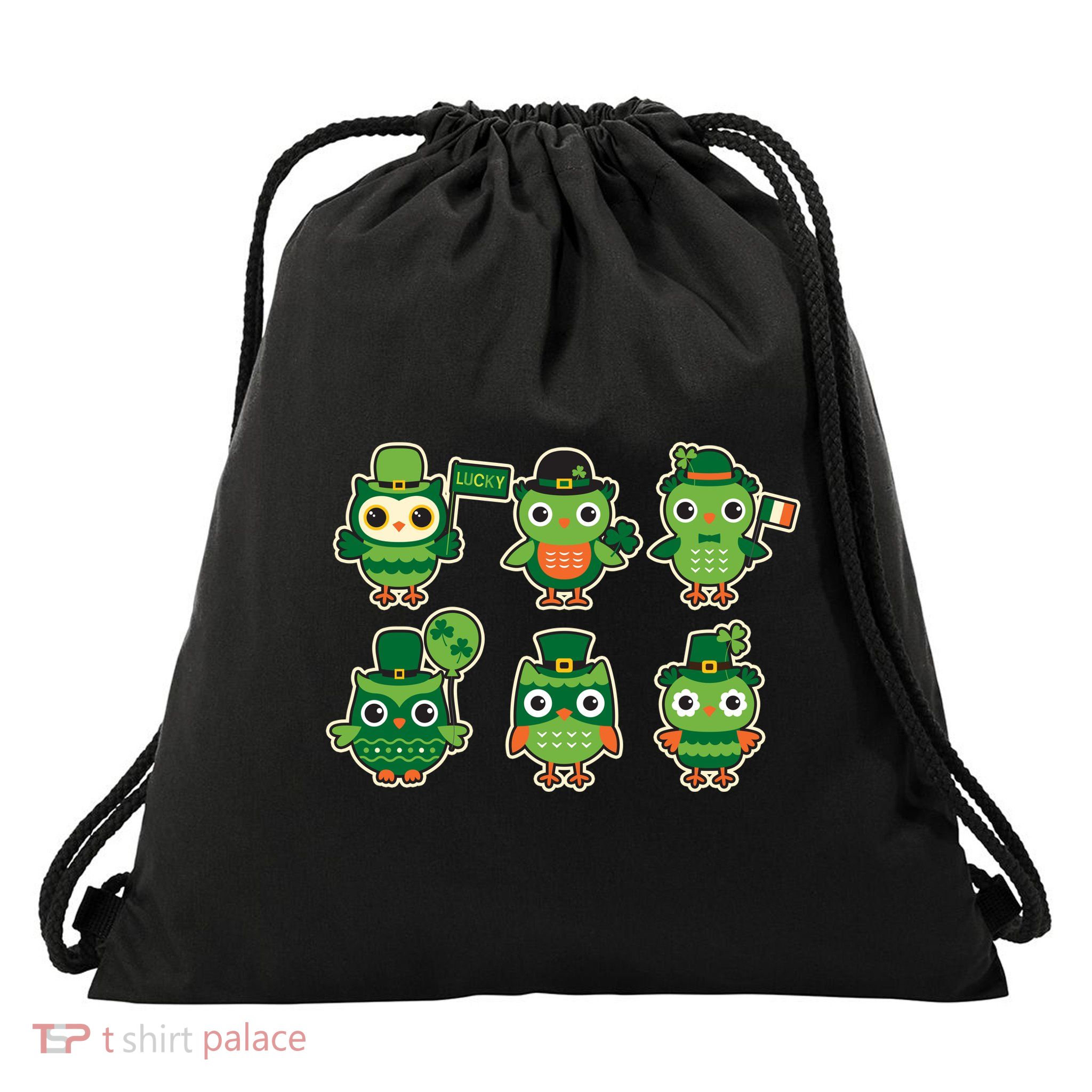 Cute St Patrick's Day Lucky Owls Drawstring Bag