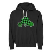 Cute St Patrick's Day Plaid Leopard Print Shamrocks Clovers Garment-Dyed Fleece Hoodie