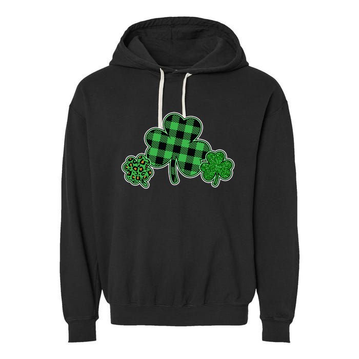 Cute St Patrick's Day Plaid Leopard Print Shamrocks Clovers Garment-Dyed Fleece Hoodie