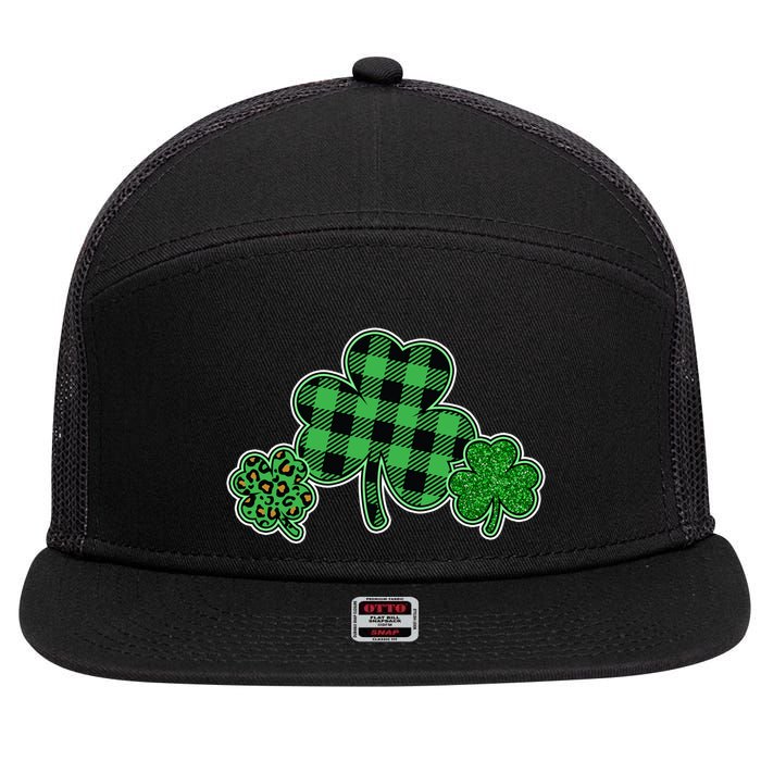 Cute St Patrick's Day Plaid Leopard Print Shamrocks Clovers 7 Panel Mesh Trucker Snapback Hat