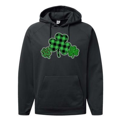 Cute St Patrick's Day Plaid Leopard Print Shamrocks Clovers Performance Fleece Hoodie