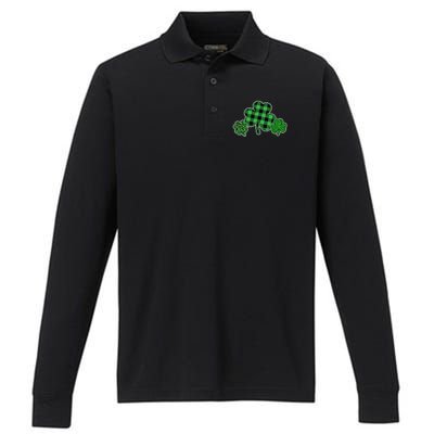 Cute St Patrick's Day Plaid Leopard Print Shamrocks Clovers Performance Long Sleeve Polo