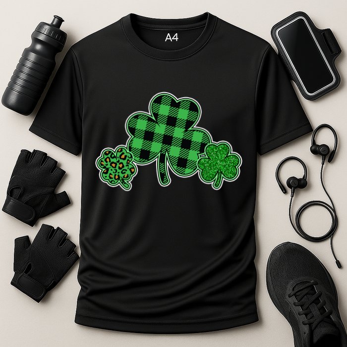 Cute St Patrick's Day Plaid Leopard Print Shamrocks Clovers Performance Shirt