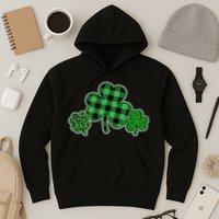 Cute St Patrick's Day Plaid Leopard Print Shamrocks Clovers Hoodie