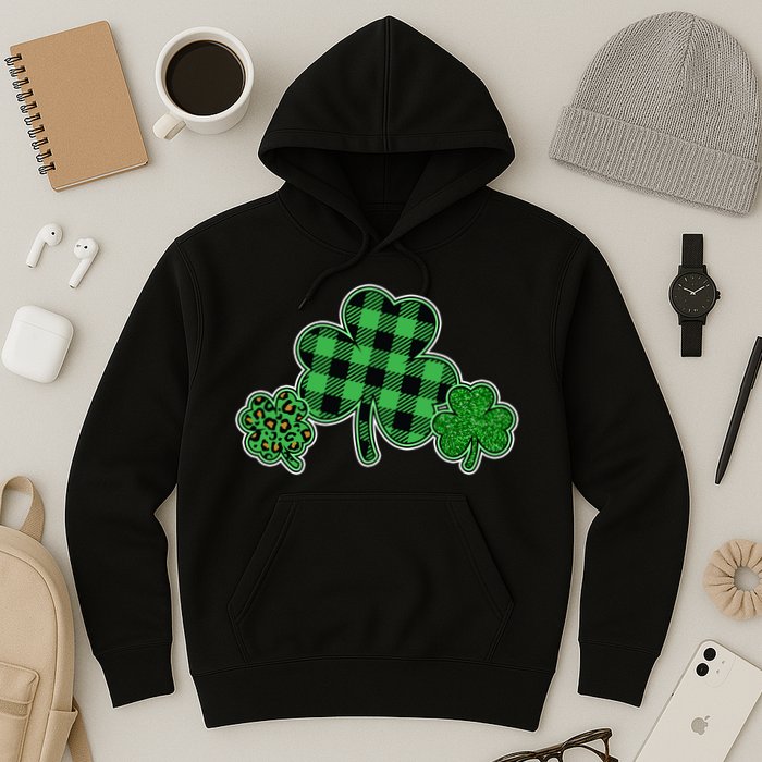 Cute St Patrick's Day Plaid Leopard Print Shamrocks Clovers Hoodie