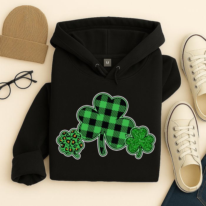 Cute St Patrick's Day Plaid Leopard Print Shamrocks Clovers Hoodie