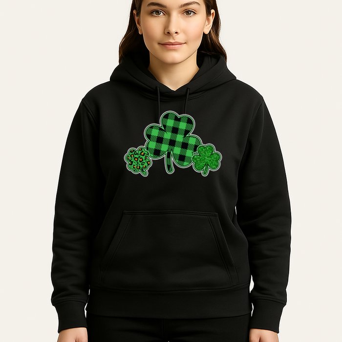 Cute St Patrick's Day Plaid Leopard Print Shamrocks Clovers Hoodie