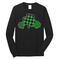 Cute St Patrick's Day Plaid Leopard Print Shamrocks Clovers Long Sleeve Shirt