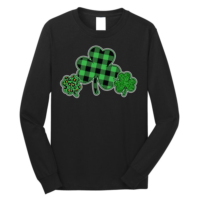 Cute St Patrick's Day Plaid Leopard Print Shamrocks Clovers Long Sleeve Shirt