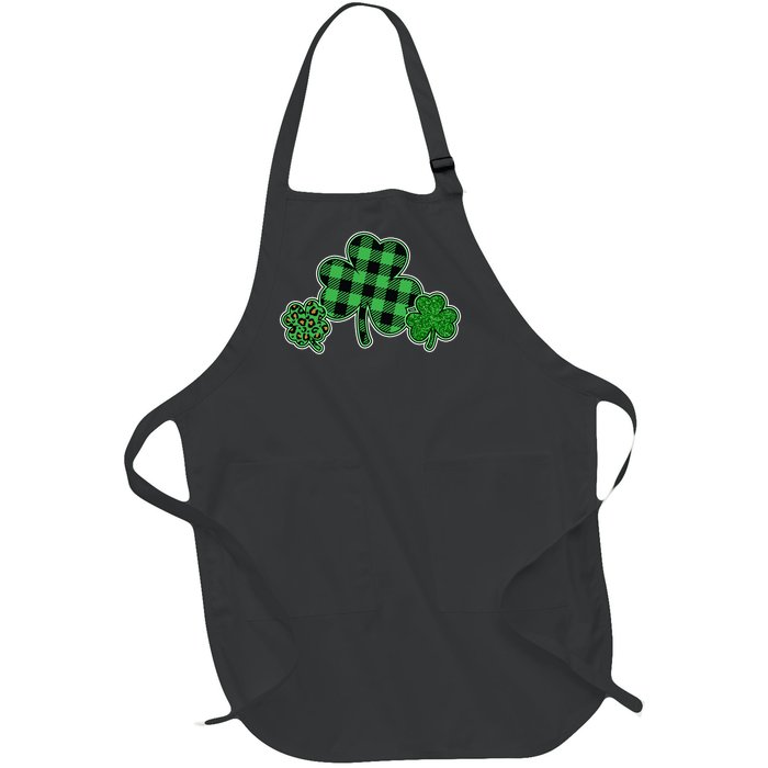 Cute St Patrick's Day Plaid Leopard Print Shamrocks Clovers Full-Length Apron With Pockets