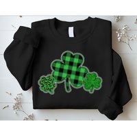 Cute St Patrick's Day Plaid Leopard Print Shamrocks Clovers Sweatshirt