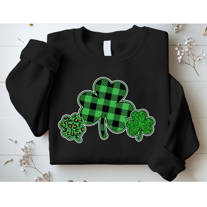 Cute St Patrick's Day Plaid Leopard Print Shamrocks Clovers Sweatshirt