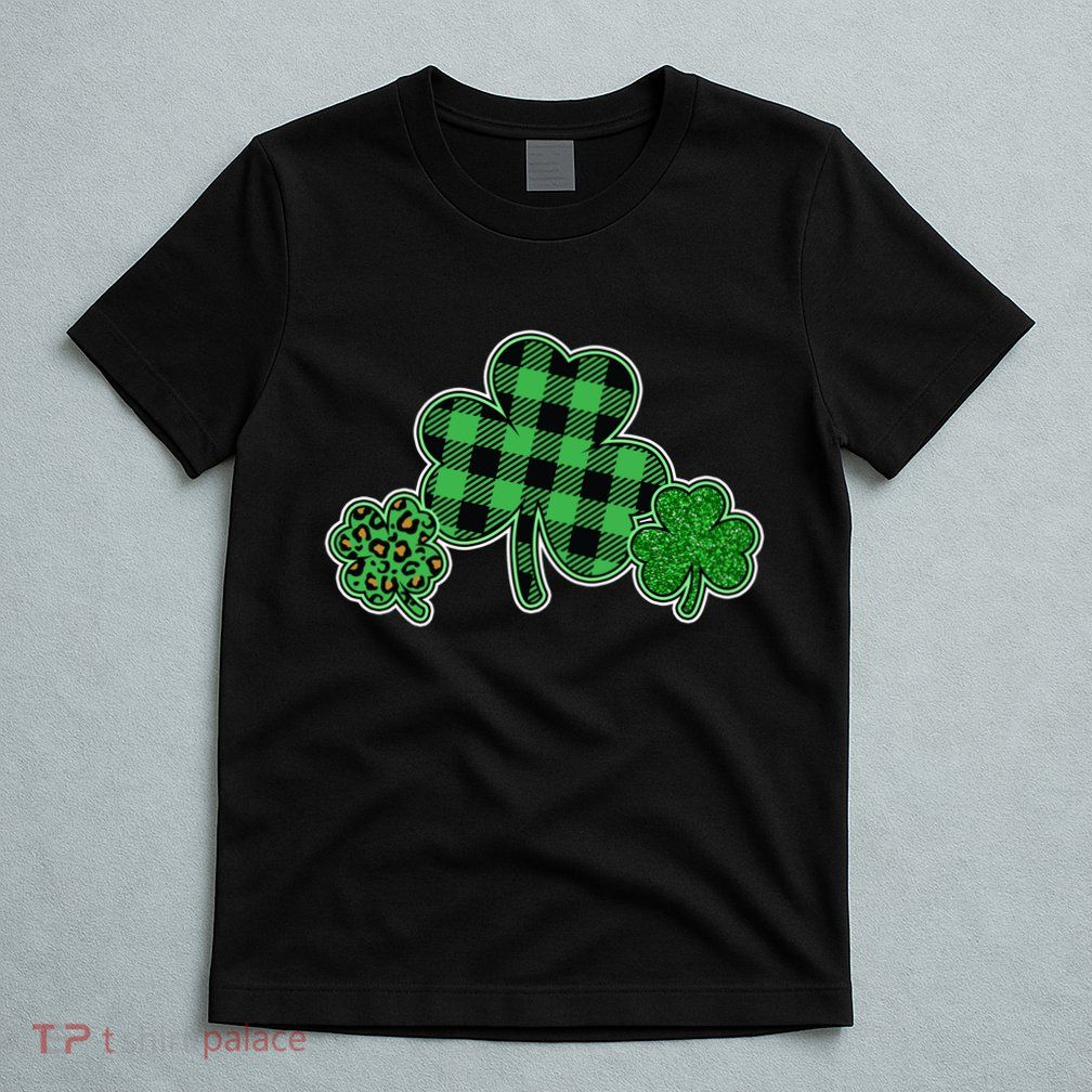 Cute St Patrick's Day Plaid Leopard Print Shamrocks Clovers T-Shirt