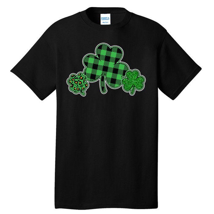 Cute St Patrick's Day Plaid Leopard Print Shamrocks Clovers Tall T-Shirt